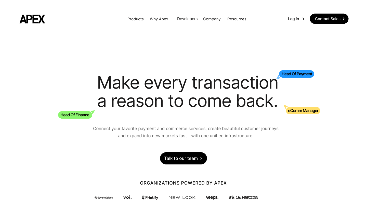 APEX landing page hero — Make every transaction a reason to come back.