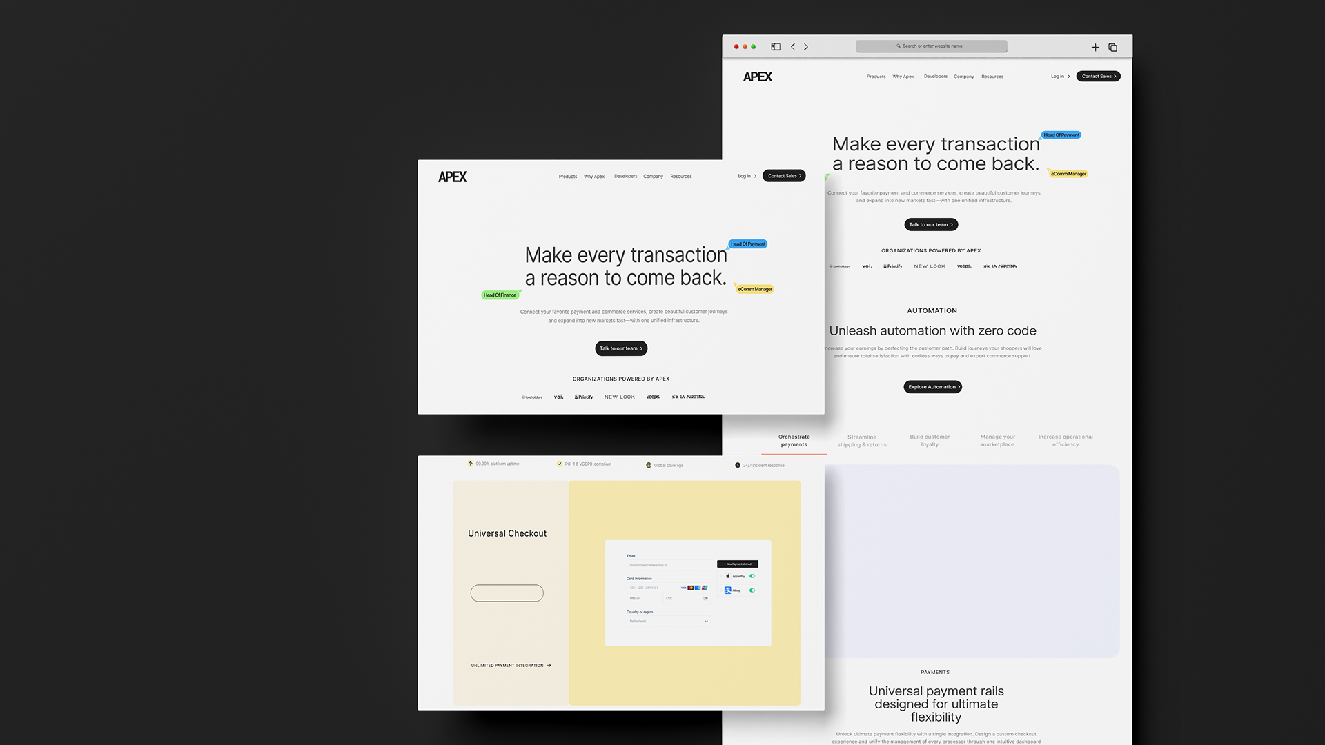 APEX landing page presented in floating browser mockups on a dark backdrop.